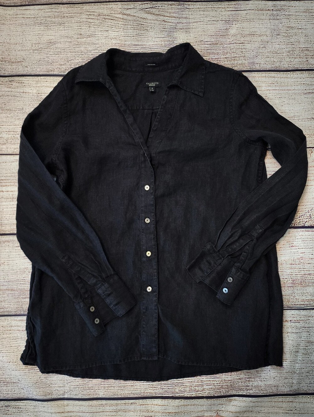 Talbots Button Down Shirt Womens 12 Black Pure Irish Linen Long Sleeve Classic